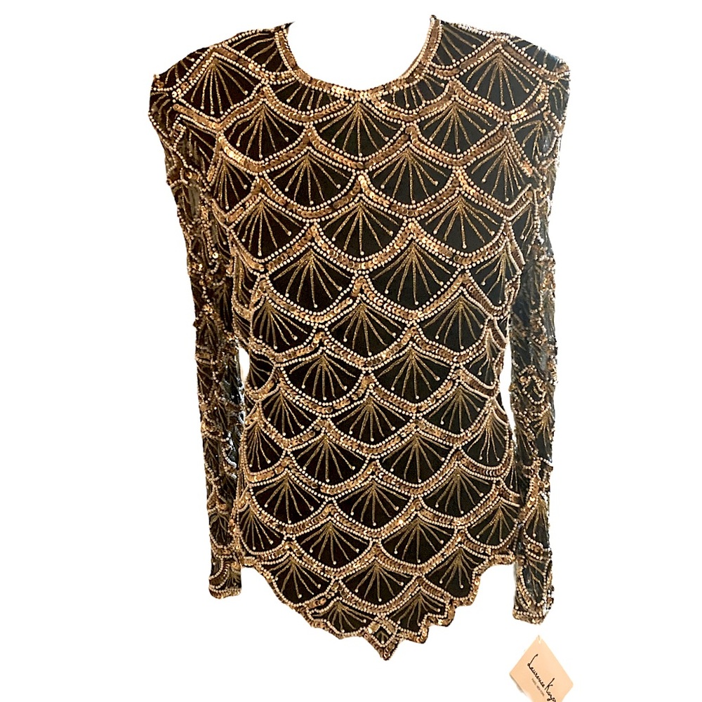 Vintage Lawrence Kazar Sequined Gold Black 100% Silk Longsleeve Top Small